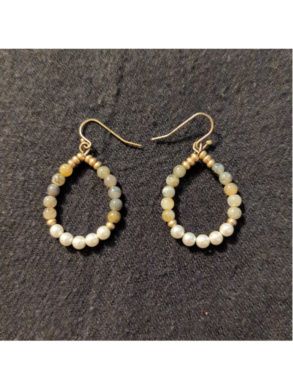 Gold Tone Green Moss Agate White Faux Pearl Beaded Teardrop Statement Earrings